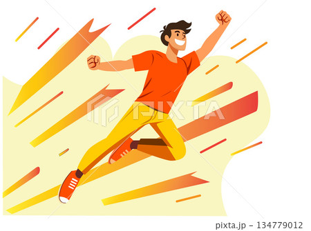 Illustration Energetic Young Man Jumping with Joy and Victory Illustration Energetic Young Man Jumping with Joy and Victory 134779012
