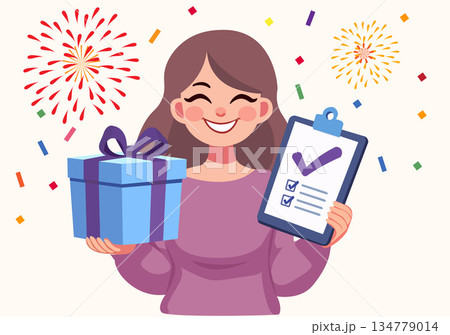 Illustration Happy Woman Holding Gift Box and Checklist Clipboard Illustration Happy Woman Holding Gift Box and Checklist Clipboard 134779014