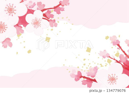 水彩の桜の花と金箔が舞う和風の背景素材　フレーム　バナー　デザイン　コピースペース　イラスト素材 134779076