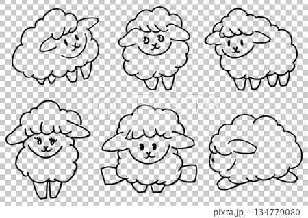 手繪風格綿羊線條插畫套裝 | 簡約綿羊素材，適用於羊年和新年賀卡 134779080