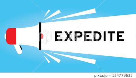 Color megaphone icon with word expedite in white banner on blue background 134779633