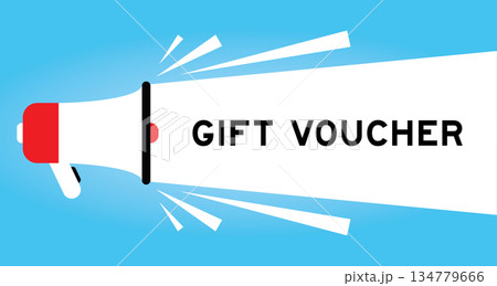 Color megaphone icon with word gift voucher in white banner on blue background Color megaphone icon with word gift voucher in white banner on blue background 134779666