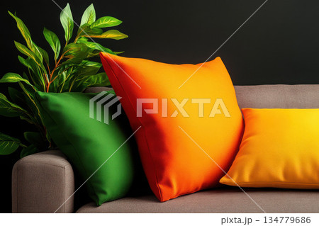 Vibrant cushions on a stylish sofa with lush greenery backdrop. 134779686