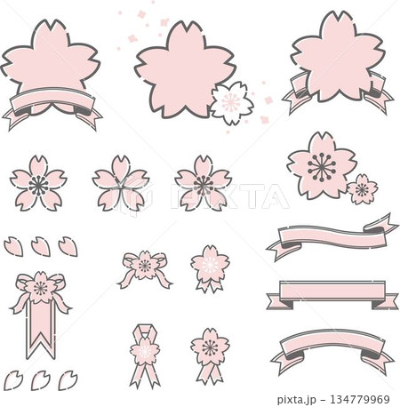 さくらをモチーフにしたフレームと装飾とリボンのデザイン素材セット 134779969
