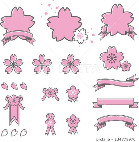 さくらをモチーフにしたフレームと装飾とリボンのデザイン素材セット 134779970