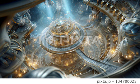 Futuristic metallic spiral structure with glowing lights and beams 134780025