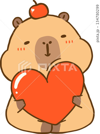 Cute Valentine Capybara Holding Heart Cartoon Hand Drawn Illustration 134780299
