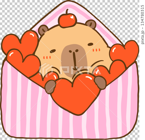 Kawaii Valentine Capybara with Hearts in Love Letter Cartoon Hand Drawn Illustration 134780315