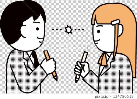 高中男生女生,競爭對手互相凝視著 高中男生女生,競爭對手互相凝視著 134780519