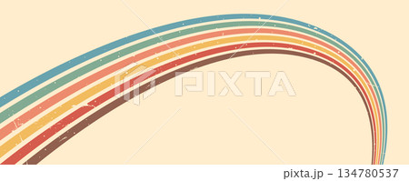 Stripe rainbow groovy. Vintage inspired background with grunge texture, flowing lines, and colorful waves for graphic design. Retro vector illustration 134780537