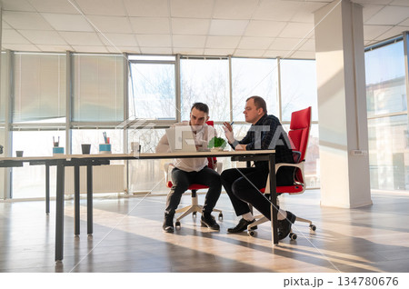 Two Caucasian men solve problems at work. Two Caucasian men solve problems at work. 134780676