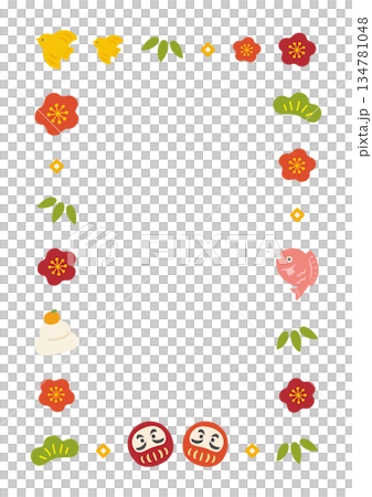 New Year's Daruma and pine, bamboo, and plum frame, white background New Year's Daruma and pine, bamboo, and plum frame, white background 134781048