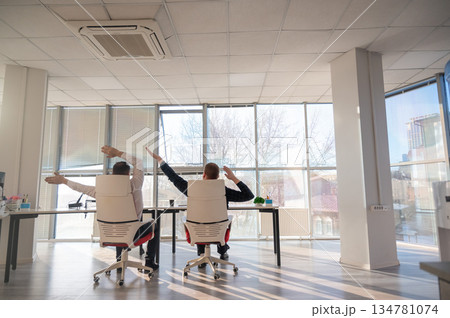 Two Caucasian men having fun at work. Two Caucasian men having fun at work. 134781074