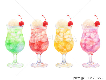 カラフルなクリームソーダの水彩風イラスト 134781272