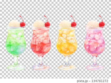 カラフルなクリームソーダの水彩風イラスト 134781272