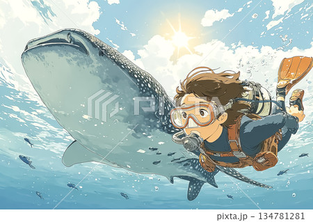 ジンベエザメと泳ぐ女性ダイバーのイラスト　海中アドベンチャー体験 134781281