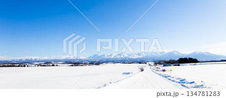 冬の北海道美瑛町周辺から見た十勝岳連峰と冬道のイメージ風景 134781283