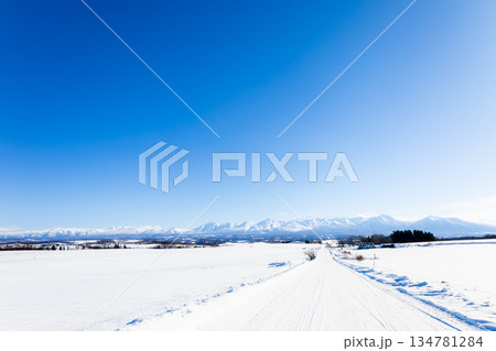 冬の北海道美瑛町周辺から見た十勝岳連峰と冬道のイメージ風景 冬の北海道美瑛町周辺から見た十勝岳連峰と冬道のイメージ風景 134781284