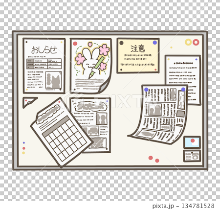 一張貼滿告示的公告板插圖 134781528