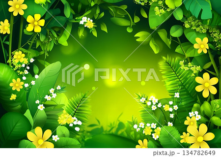 Lush Green Tropical Foliage Vibrant Yellow Flowers plant bloom fresh vivid image 134782649