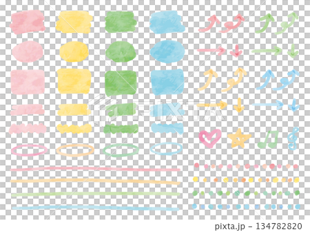 一組四幅水彩粉彩色邊框、箭頭和線條 一組四幅水彩粉彩色邊框、箭頭和線條 134782820