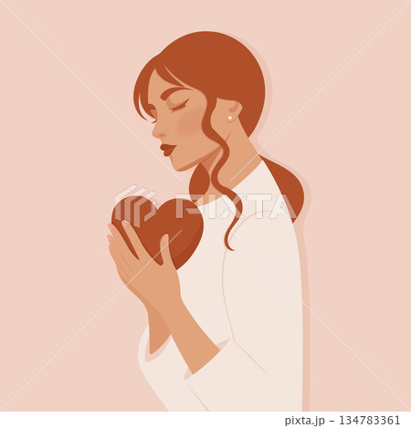 Beautiful woman holding red heart in her hands as symbol of self love and mental health support flat vector illustration. Beautiful woman holding red heart in her hands as symbol of self love and mental health support flat vector illustration. 134783361