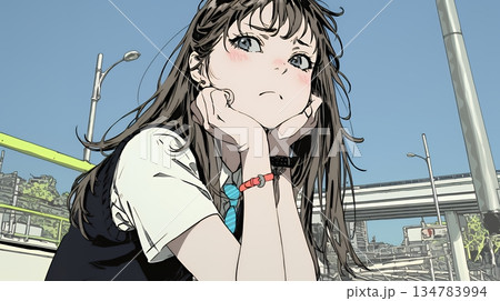 「つまんないの」と不貞腐れている制服を着た女子高生