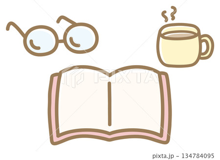 開いた本とコーヒー 手描き画線のイラスト 134784095
