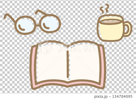 開いた本とコーヒー 手描き画線のイラスト 134784095