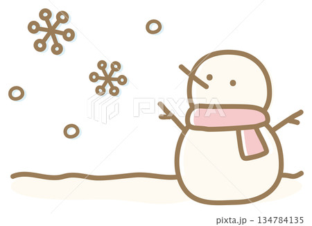 雪だるまと雪 冬の手描きイラスト、赤いマフラー 雪だるまと雪 冬の手描きイラスト、赤いマフラー 134784135