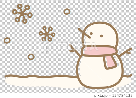 雪だるまと雪 冬の手描きイラスト、赤いマフラー 雪だるまと雪 冬の手描きイラスト、赤いマフラー 134784135