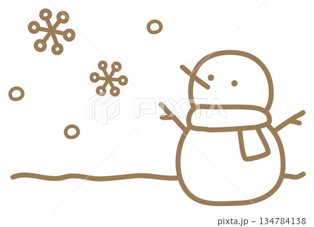 雪だるまと雪 冬の手描きイラスト、茶色い画線 雪だるまと雪 冬の手描きイラスト、茶色い画線 134784138