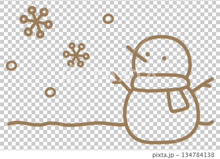 雪だるまと雪 冬の手描きイラスト、茶色い画線 雪だるまと雪 冬の手描きイラスト、茶色い画線 134784138