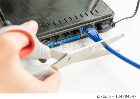 Scissors cut the router cables.  134784347