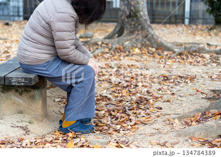 秋の公園で一人ベンチに座る中高年女性 134784389