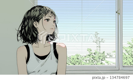 白い壁に向かって考え事をする若い女性