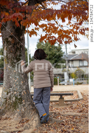 秋の公園で一人たたずむ中高年女性 秋の公園で一人たたずむ中高年女性 134784712