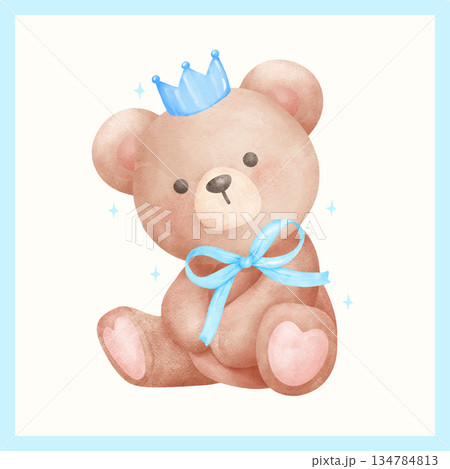 Adorable Coquette Birthday Teddy Bear with Light Blue Ribbon Bow and Crown watercolor, nursery birthday Boy hand painting illustration Adorable Coquette Birthday Teddy Bear with Light Blue Ribbon Bow and Crown watercolor, nursery birthday Boy hand painting illustration 134784813