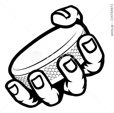 Mascot Person Hand Fist Holding Ice Hockey Puck Mascot Person Hand Fist Holding Ice Hockey Puck 134784971