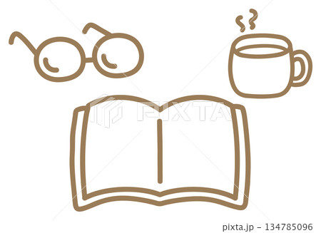 本とコーヒーの手描きイラスト、茶色の画線 134785096