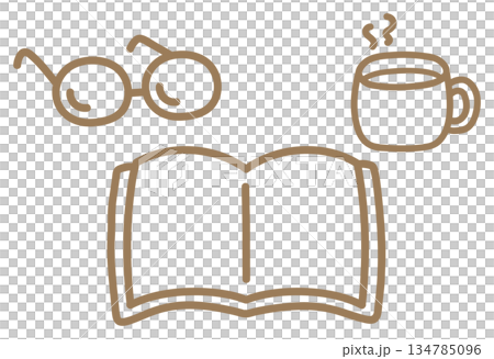 本とコーヒーの手描きイラスト、茶色の画線 134785096