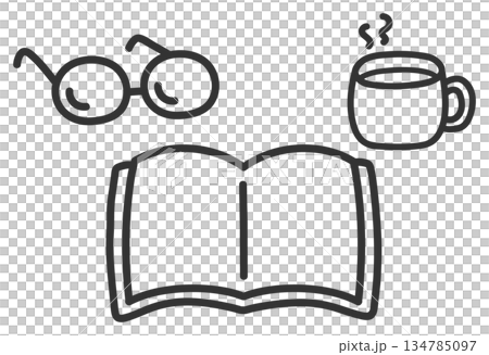 本とコーヒーの手描きイラスト、黒色の画線 本とコーヒーの手描きイラスト、黒色の画線 134785097