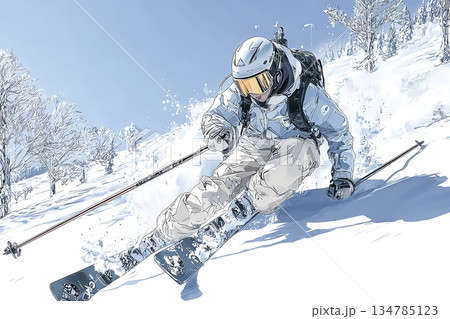 急斜面を鋭くターンする上級スキーヤーのイラスト 134785123