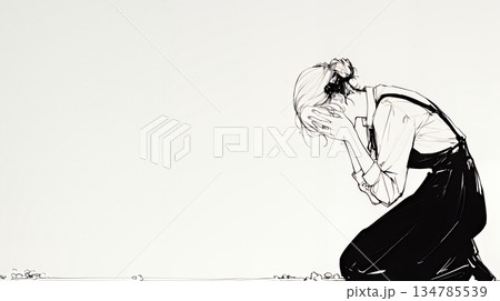 手を合わせてお祈りをしている若い女性（シンプルな色使い）