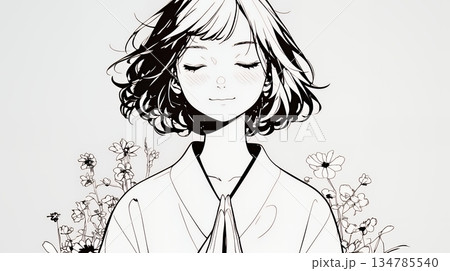 手を合わせてお祈りをしている若い女性（シンプルな色使い）