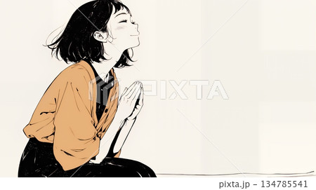 手を合わせてお祈りをしている若い女性（シンプルな色使い）