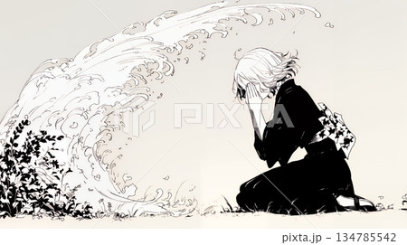 手を合わせてお祈りをしている若い女性（シンプルな色使い）