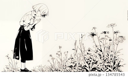 手を合わせてお祈りをしている若い女性（シンプルな色使い）