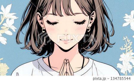 手を合わせてお祈りをしている若い女性