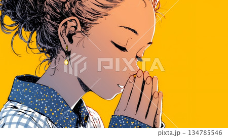 手を合わせてお祈りをしている若い女性